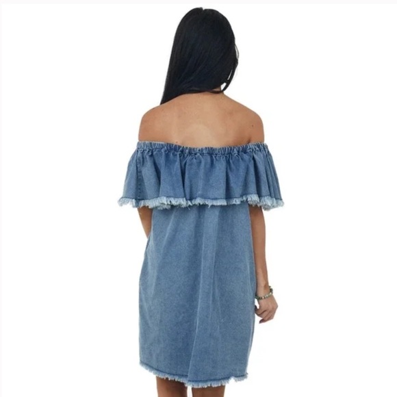 Umgee Blue Denim Fringed Ruffle Off Shoulder Dress Women’s Size Medium - Picture 4 of 10